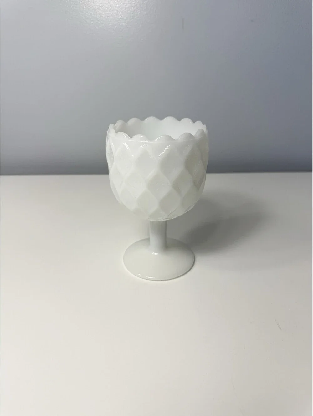 VTG Diamond Quilted White Milk Glass Water Wine Goblet Compote Pedestal 6.25” H